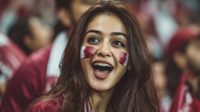 Euphoric woman in a football stadium with her face painted with the colors of the Qatari flag, cheering and supporting her team.