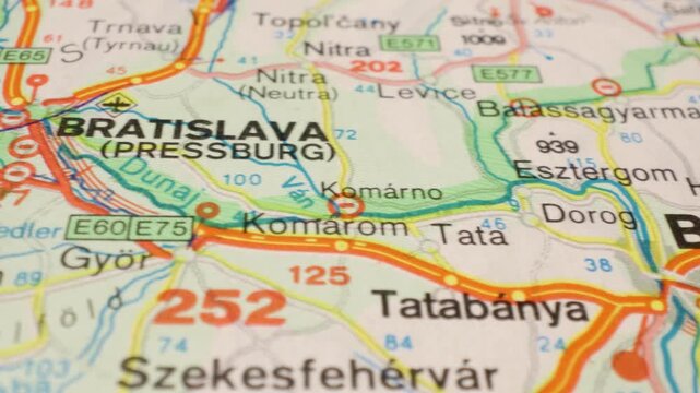 Cinematic glide over road map focusing on travel route from Budapest to Vienna