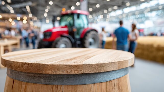 Wooden table atop barrel near tractor in crowded exhibition hall