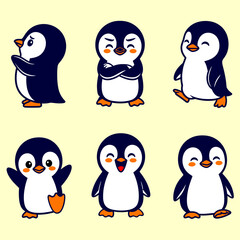 Fototapeta premium Adorable cartoon penguins in various poses and expressions, featuring dark blue, white, and orange flat vector design.