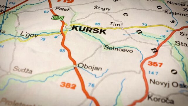 Sliding camera movement over road map from Charkov, Ukraine to Kursk, Russia