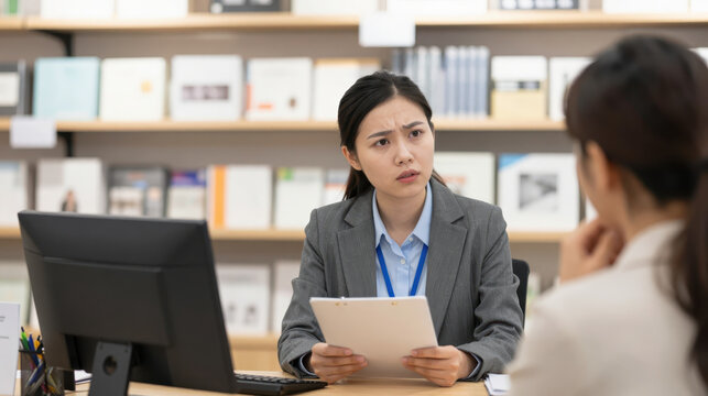 Confused female manager reviewing application form with concerned expression during interview in modern office setting