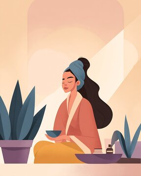 Woman in robe with towel turban holding a bowl in a peaceful at home spa scene with plants and skincare