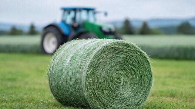 Round hay bale resting on grassy field with tractor