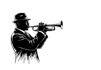 Jazz Trumpet Player Illustration - Black and White Retro Silhouette of a Musician in a Fedora and Suit Playing Brass Instrument - Vintage Soul and Blues Music Graphic © Prayitno