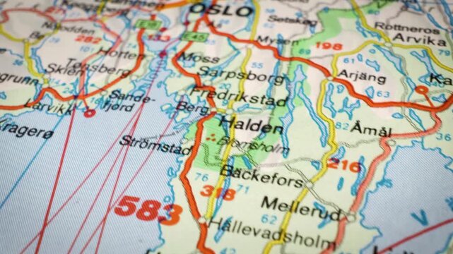 Sliding camera movement over road map from Gothenburg to Oslo, Scandinavian travel route