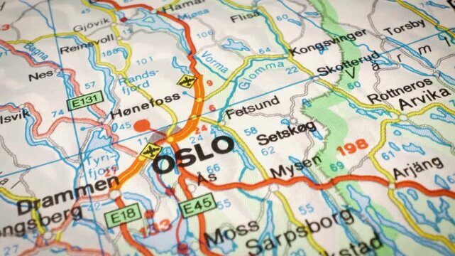 Sliding camera movement over road map from Gothenburg to Oslo, Scandinavian travel route