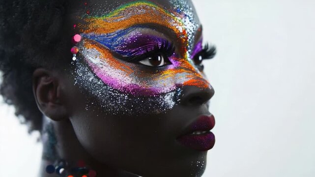 A close-up shot of a person's face painted with creative designs