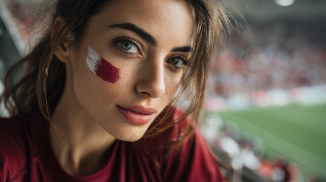Euphoric woman in a football stadium with her face painted with the colors of the Qatari flag, cheering and supporting her team.