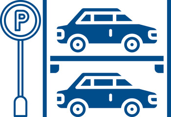Naklejka premium Parking icon with cars, parking signs, maps and vehicles in flat blue and gray style isolated on white background, perfect for navigation apps, transport and urban design projects.