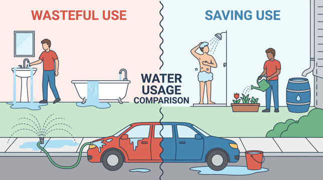 Water Usage Comparison: A visual depiction of wasteful and saving water practices, highlighting the contrast between inefficient consumption and water conservation efforts for a sustainable future.