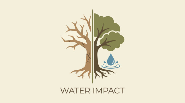 Water Impact Illustration: A stark visual contrast shows the impact of water on nature, illustrating the difference between a thriving tree and a withered one.