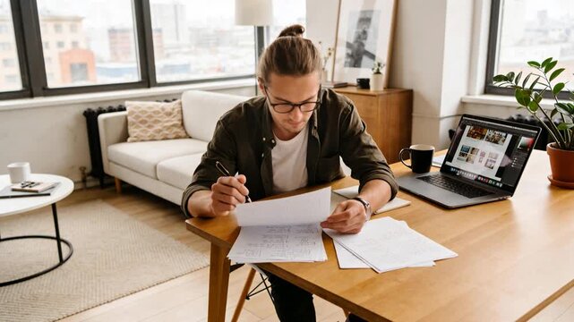 Young man reviewing handwritten notes at wooden desk in modern home office, remote work and creative planning for freelance productivity