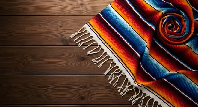 Vibrant mexican serape blanket displayed on rustic wooden surface showcasing traditional craftsmanship and warm tones