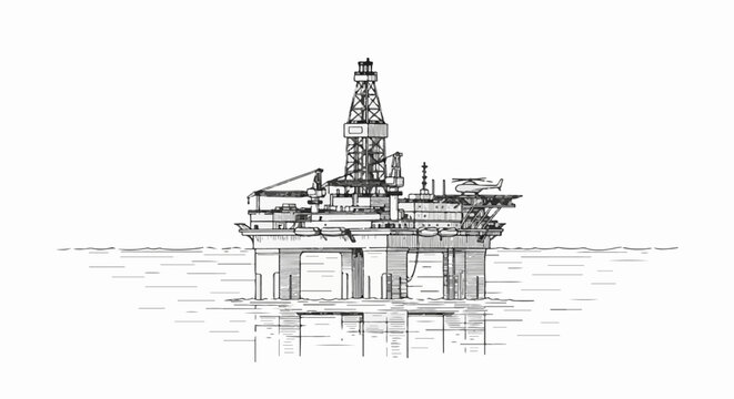Detailed black and white sketch of an offshore oil rig with a helicopter on deck