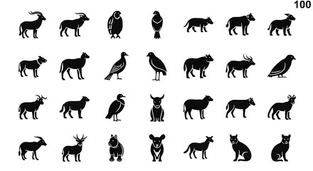 Fototapeta premium A diverse collection of black silhouettes of various animals and birds. isolated on white background