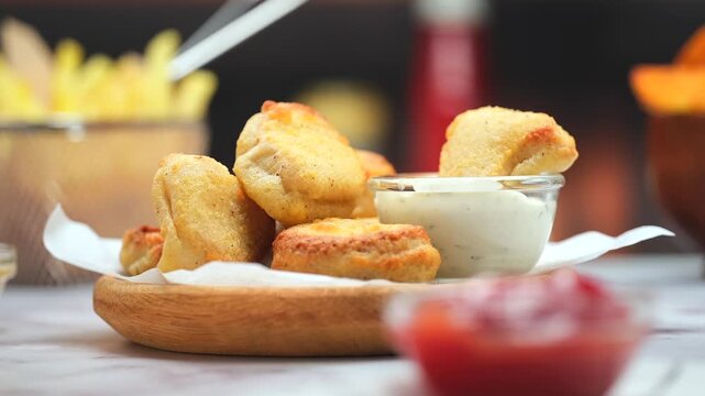 Chicken nuggets dipped in creamy sauce, warm kitchen background