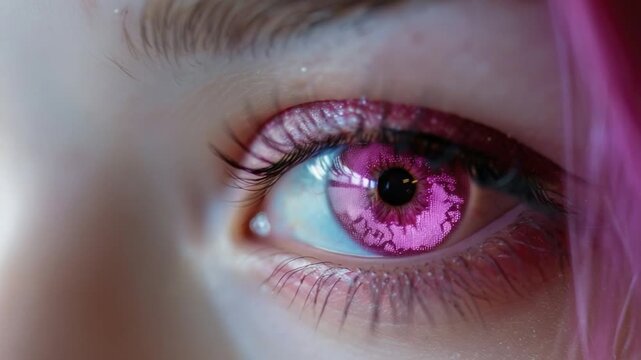A detailed view of someone's eye featuring distinctive pink locks, suitable for uses where an edgy, youthful aesthetic is desired