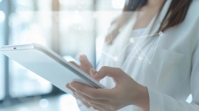 A woman holding a tablet computer, possibly reading or typing on the screen