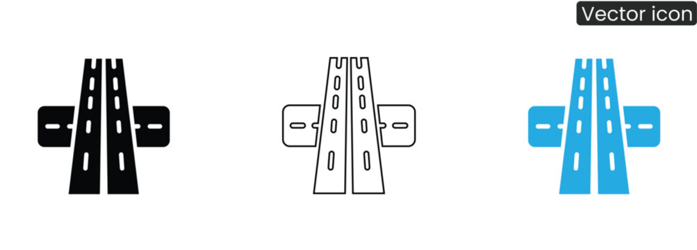 Three highway interchange icons in black, Line art, And blue on white background
