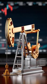 Oil Rig's Metallic Allure: A detailed, miniature oil rig model stands proudly, its metallic surfaces gleaming against a backdrop of financial data.