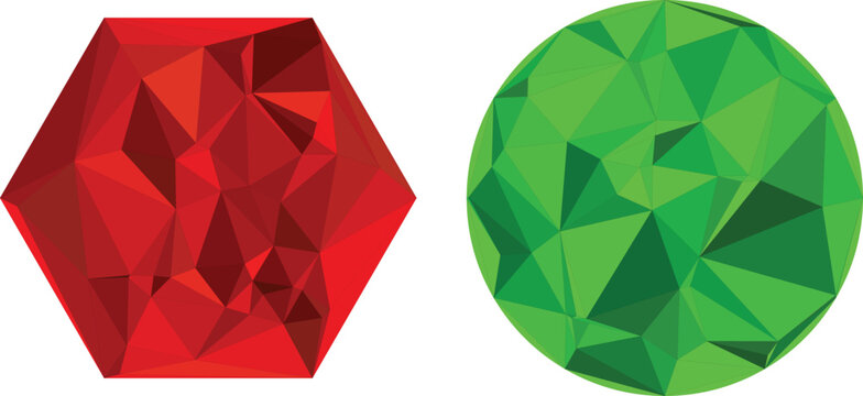 A vibrant red hexagon and a bright green circle both featuring a modern low poly geometric design isolated on white background