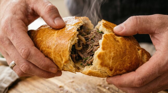A close-up of hands holding a flaky pastry filled with tender beef, fresh herbs, and onion, showcasing delicious textures and warmth.