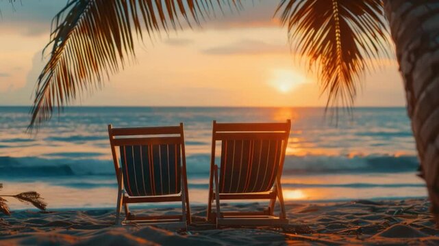 Two chairs sit on a sandy beach next to a tall palm tree, perfect for a relaxing getaway