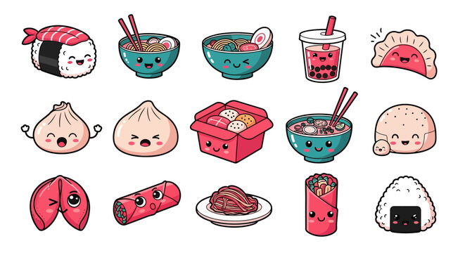 Kawaii Asian Food Sticker Pack, Cute Chibi Characters of Sushi Ramen Dim Sum and Boba Tea, Japanese and Chinese Cuisine Vector Illustration.