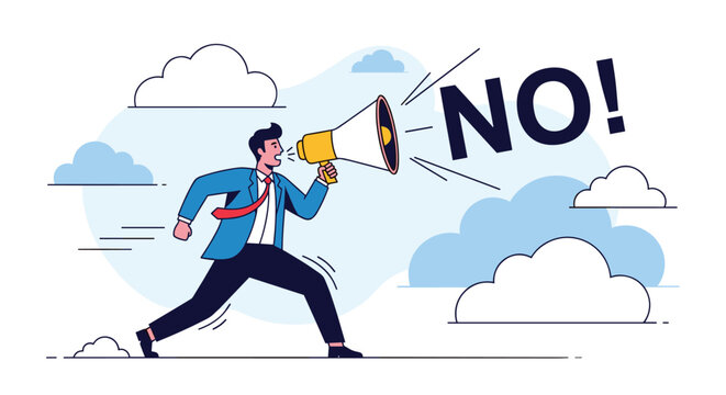 Determined businessman runs forward while shouting through megaphone with giant word NO in background, representing protest and refusal.