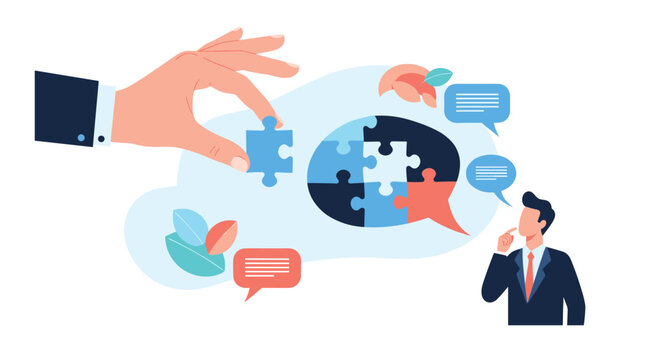 Giant business hand adds the final puzzle piece to a colorful speech bubble to complete a message or communication strategy.