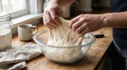 Fototapeta premium A close-up of hands stretching and kneading dough in a glass bowl, highlighting the process of making fresh bread at home, ideal for baking and culinary themes.