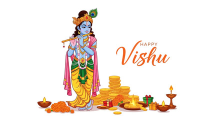 A vibrant vector illustration showcases the Happy Vishu celebration, featuring a depiction of Krishna playing the flute amid a pile of gold coins and traditional oil lamps on a clean white © parman