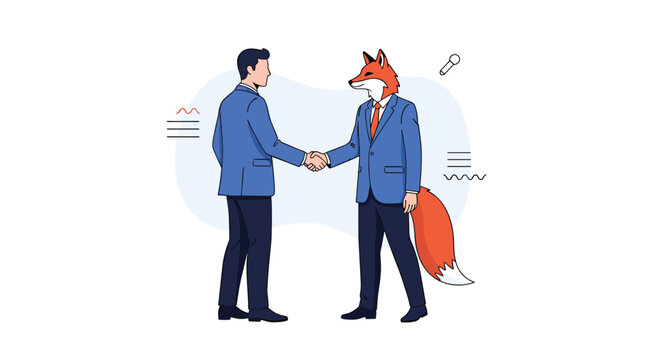 Businessman shakes hands with a man wearing a fox head and tail to represent a cunning deal, tricky partnership, or deception in the workplace.