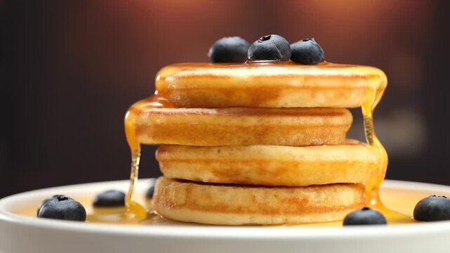 Pancakes stack with dripping honey syrup and blueberries