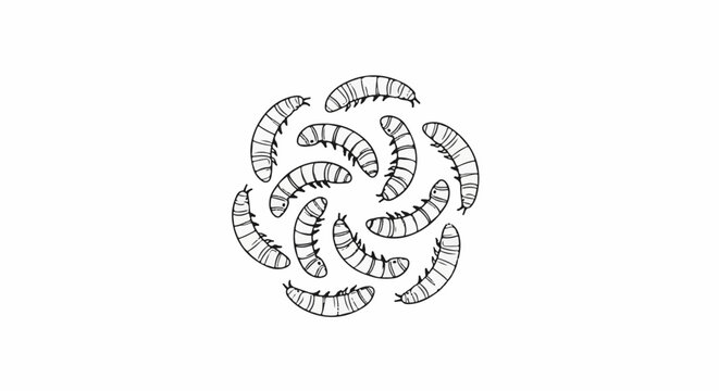 A group of segmented, leggy larvae are arranged in a circular pattern