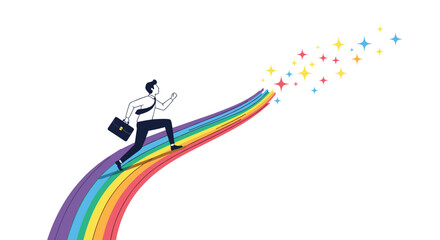 Obraz premium Businessman in a suit runs up a vibrant rainbow path towards a cluster of shining stars to illustrate hope, dreams, and extraordinary success.