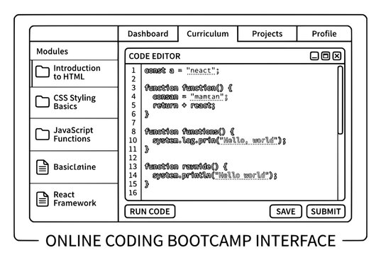 Online Coding Bootcamp Interface Displaying Code and Modules.