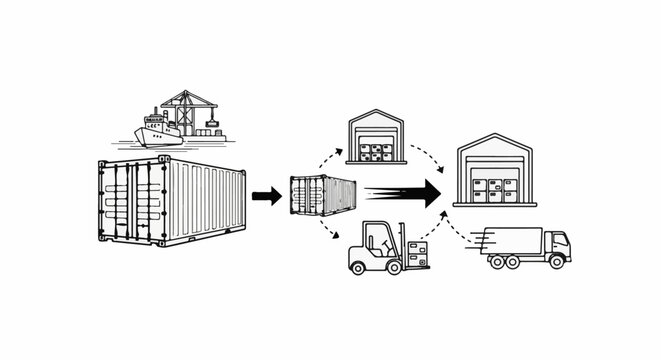 A shipping container is unloaded by a ship, moved by a forklift to a warehouse, and then transported by truck