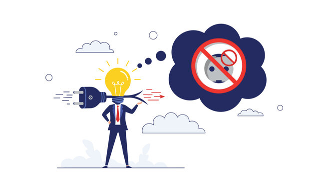Man with a glowing lightbulb head holds a large power plug but thinks of a restricted outlet icon to show blocked ideas or lack of resources.