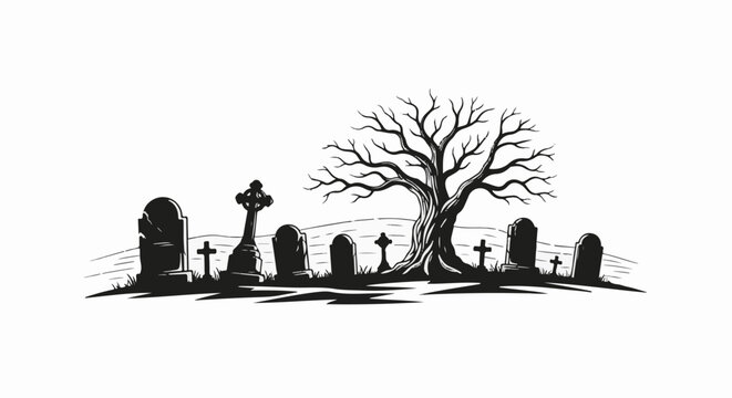 A somber graveyard scene with a bare, gnarled tree and weathered tombstones