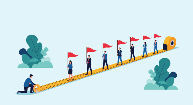 Diverse team of professionals walk along giant yellow measuring tape while holding red flags, representing progress and benchmarking in work.