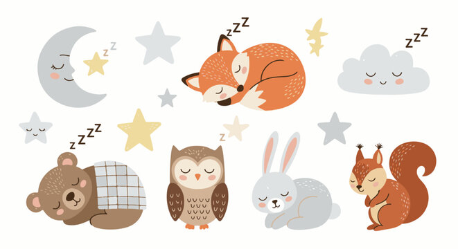 Cute sleeping woodland animals, moon, stars, and cloud in a whimsical style
