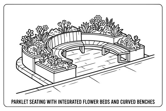 Artistic illustration of a parklet seating area with flower boxes and benches.