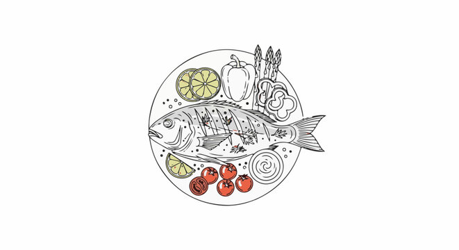 A circular platter displays a whole fish with accompaniments including lemon slices and tomatoes