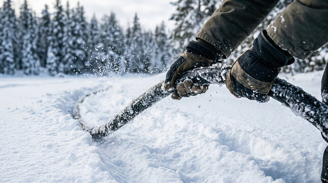 Gloved hands dragging snow covered rope through fresh snow in winter forest, capturing dynamic motion and cold atmosphere