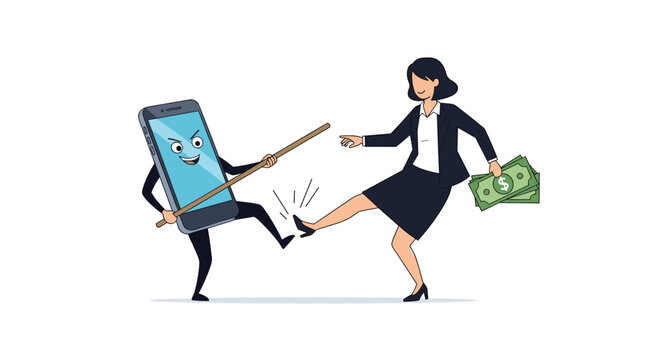 Woman holding stack of cash runs away as angry smartphone character chases her with wooden stick, representing mobile security and threats.