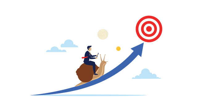 Businessman rides on back of slow snail moving up rising blue arrow toward bullseye target, depicting slow but steady progress in business.