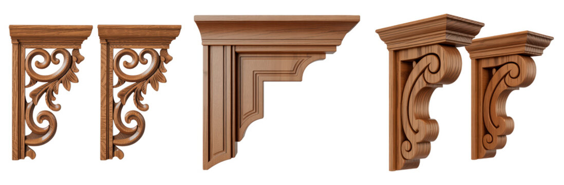 Set of decorative carved wooden brackets and corbels in various styles isolated on transparent background.