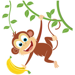 Cute cartoon monkey hanging from a vine and holding a yellow banana © Epicart
